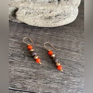 Alex and Ani Tidepool earrings. Orange, brown and gold beads on gold wire hooks